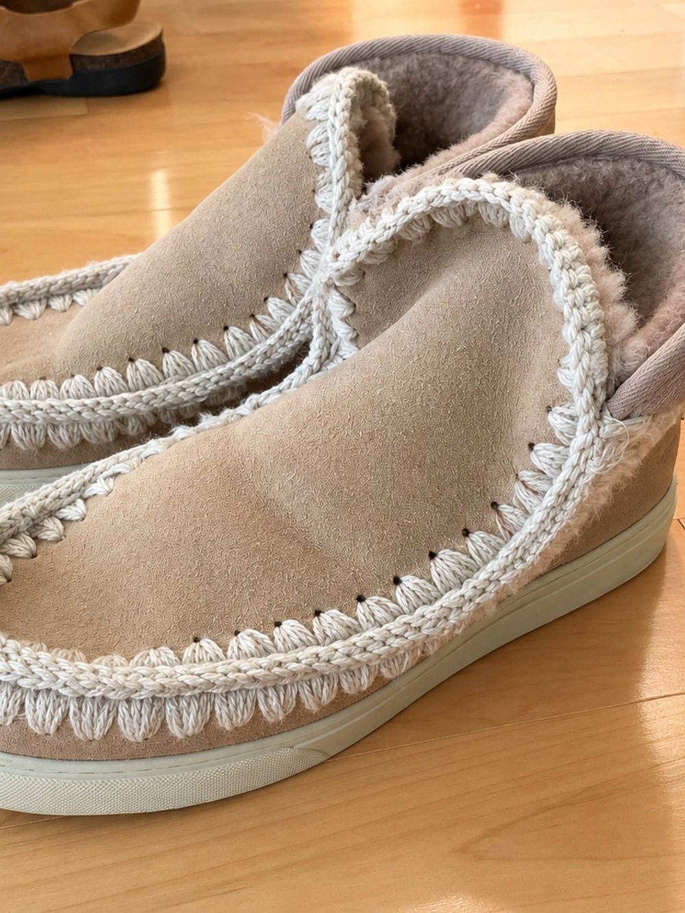 Mou Beige Suede Ankle Boots with Cream Crochet Trim